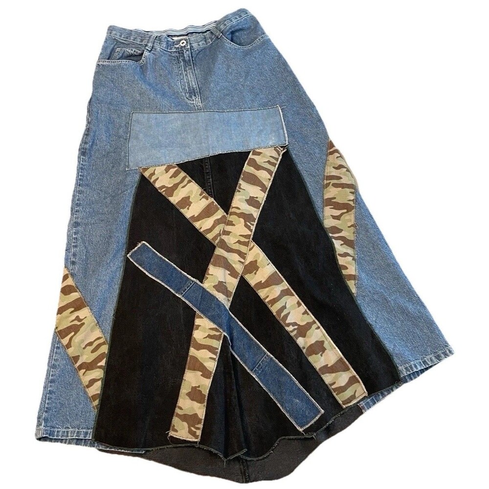 Christopher Banks Upcycled Patchwork Denim Midi Skirt Paneled Boho Camo OOAK